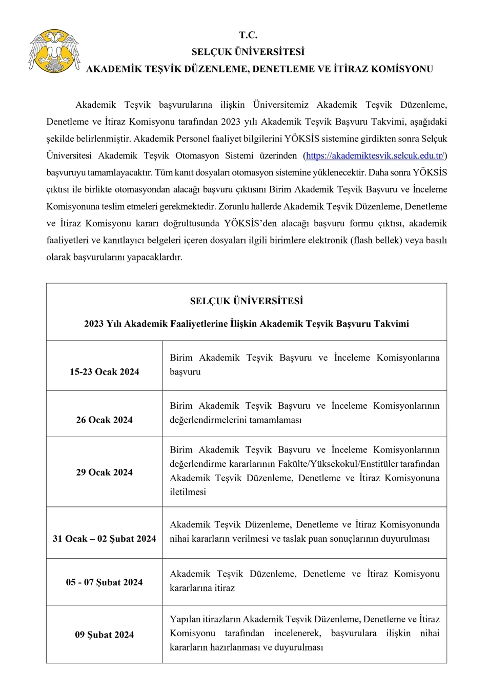 2023 Yılı Akademik Teşvik Başvuru Takvimi